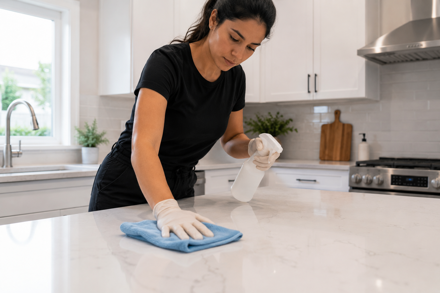 Cleaner wiping kitchen counter